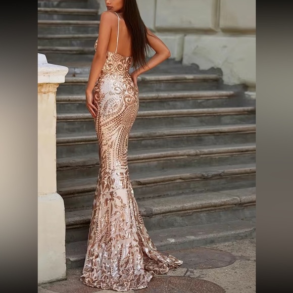 Luxe golden champagne slit thigh party formal prom wedding gown sequins dress - Picture 6 of 7